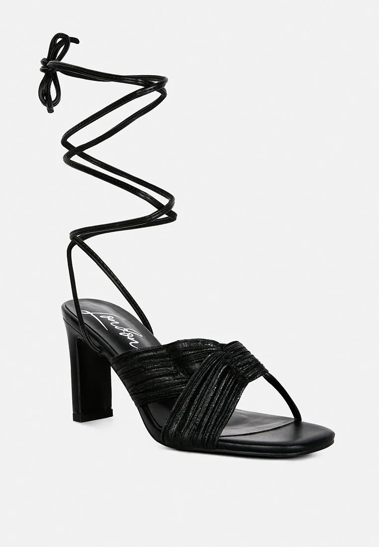 Xuxa Metallic Tie Up Italian Block Heel Sandals By Ruw